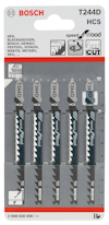 Förpackning med fem Bosch T244D HCS sågblad för trä.