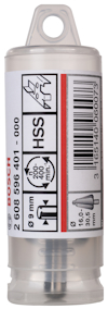 Transparent cylinder med etikett, innehållande text och grafik relaterad till borr och HSS-material.