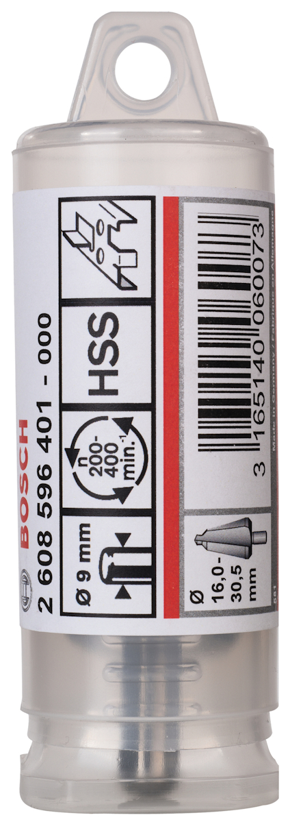 Transparent cylinder med etikett, innehållande text och grafik relaterad till borr och HSS-material.