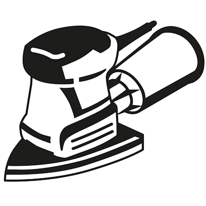 Illustration av en excenterslipmaskin med ett handtag och en dammpåse.