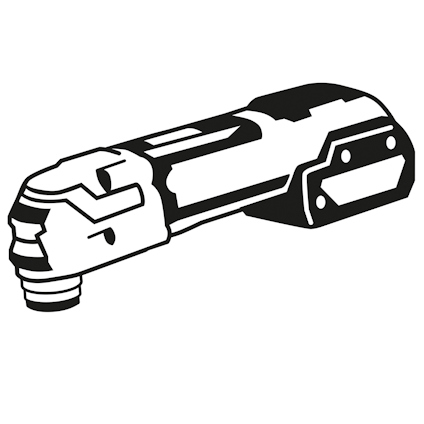 Illustration av ett handhållet multifunktionsverktyg utan sladd, i svartvitt.