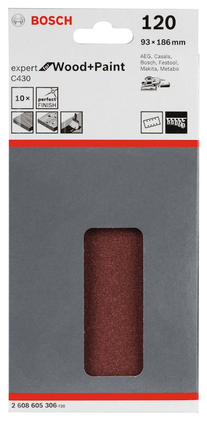 Slippapper Bosch Expert C430 för trä och färg, 120 korn, 93x186 mm, 10-pack.