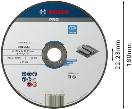 Rund kapskiva från Bosch Pro, 180 mm diameter, 22,23 mm hål. För metall. Maxhastighet 80 m/s, 8500 r/min.
