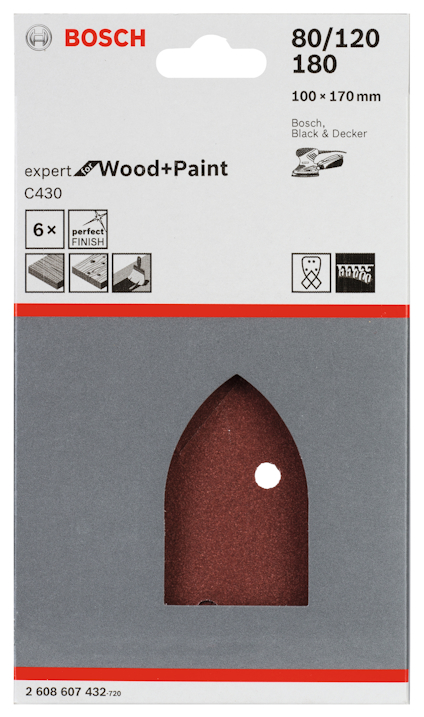 Förpackning med Bosch C430 slipark för trä och färg, innehåller 6 ark storlek 100x170 mm, korn 80/120/180.