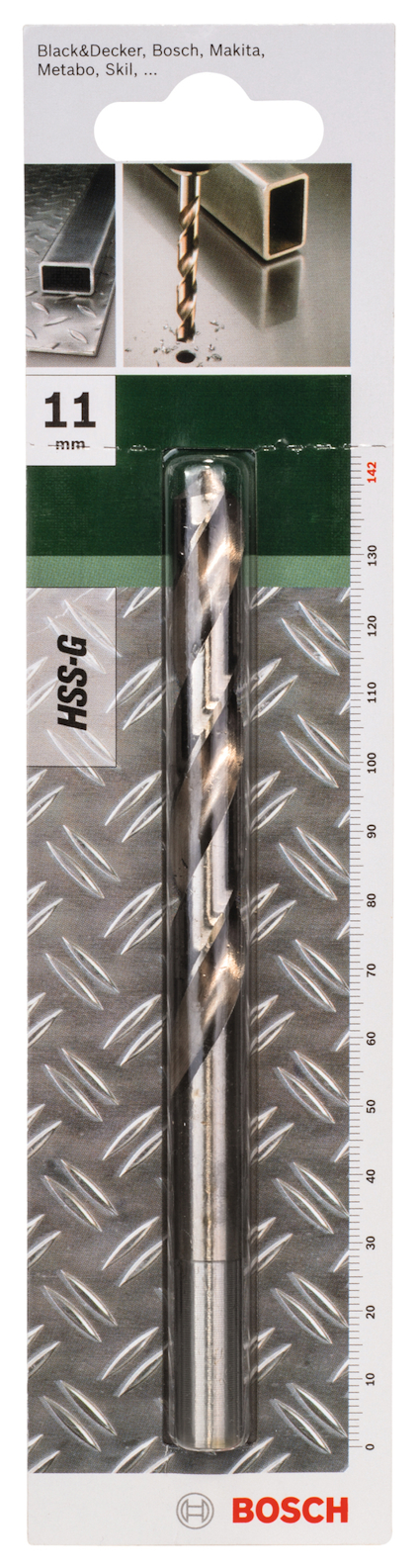 Förpackning med Bosch borrspets 11 mm, med bilder och text; "Black&Decker, Bosch, Makita, Metabo, Skil", "HSS G".