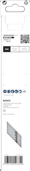 Förpackning med Bosch Expert Scaper-knivblad, visande text och symboler för specifikationer och tillverkning.