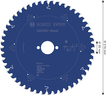 Cirkelsågblad, märkt "BOSCH EXPERT Wood", med piktogram och dimensioner 216/30 mm, 216 x 30 mm synliga.