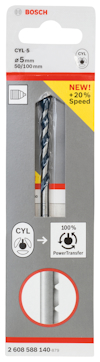 Förpackning till borr från Bosch, CYL-5, 5 mm, med etiketter som "NYHET! +20% Speed" och "100% PowerTransfer".