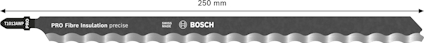 Sågblad med text "PRO Fibre Insulation precise", Bosch-logotyp, längd markerad 250 mm.