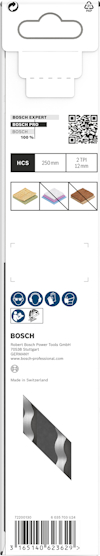 Förpackning med Bosch sågblad. Information om bladets mått: 260 mm och 3 tpi. Lämpligt för trä, gips, cement. QR-kod synlig.