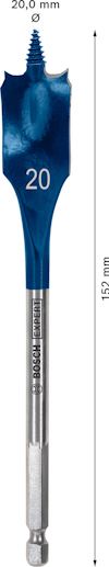 Blå spadeborr med skruvspets, märkt "20" på borren. Längd: 152 mm, Bredd: 20 mm. Märkt "BOSCH" på skaftet.