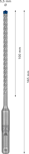 Borr med 5,5 mm diameter och 165 mm längd, blå spets, märkning 7X, med mätlinjer och måttangivelser.