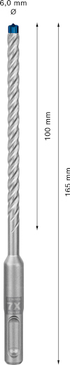 Borr med spiraldesign, längd 165 mm, arbetande längd 100 mm, diameter 6,0 mm, måttangivelser i millimeter.