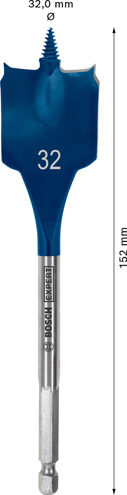 Borrverktyg med bred platt spets, blå färg, märkning "32", längd 152 mm, märkning "Bosch".