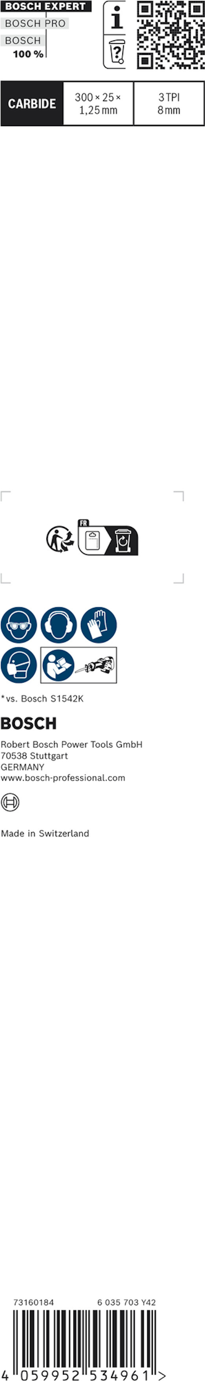 Förpackning med Bosch S 1122 EF metallsågblad, inkluderar QR-kod, streckkod och tillverkad i Schweiz.