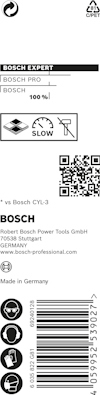 Förpackning med Bosch borrverktyg. Text inkluderar "BOSCH PRO", symboler för långsam hastighet och precision, QR-kod, streckkod.
