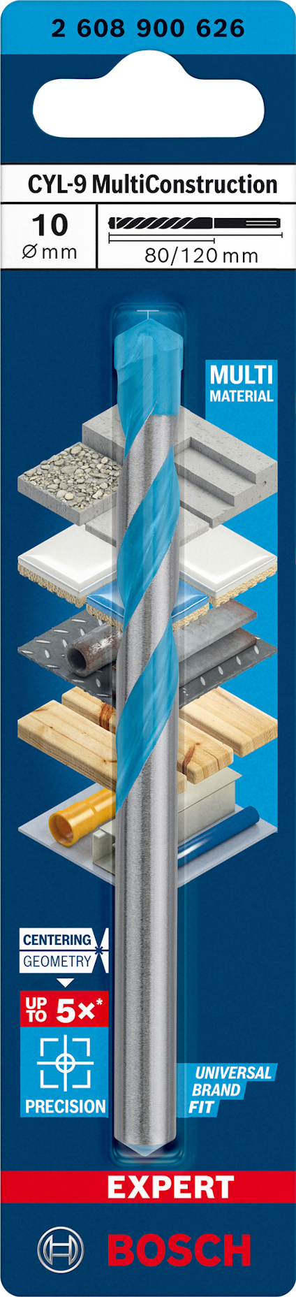 Borr från Bosch, CYL-9 MultiConstruction, 10 mm, 80/120 mm. Märkt för multi-material och precision.