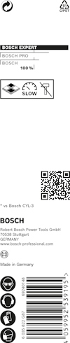 Förpackning med Bosch-produkter, innehåller logotyper och text om Bosch Expert och Made in Germany. QR-kod synlig.