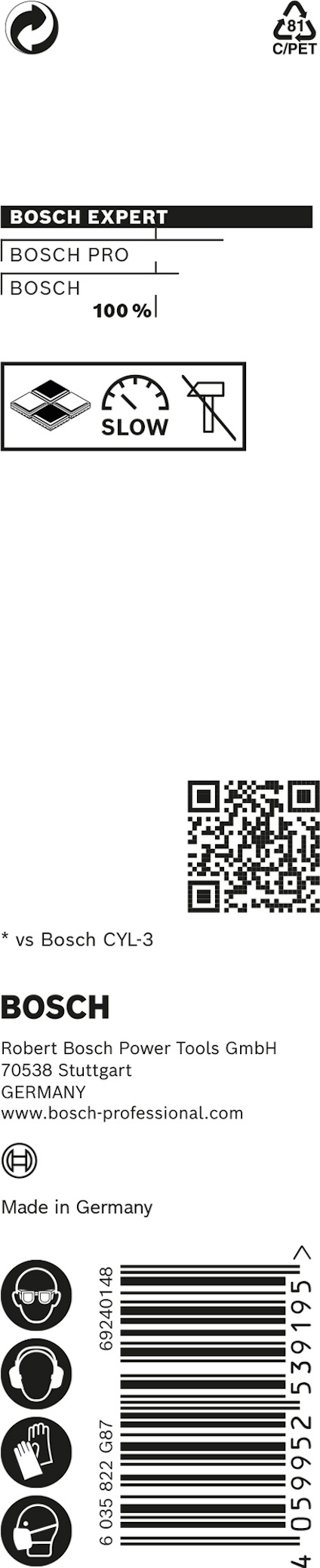 Förpackning med Bosch-produkter, innehåller logotyper och text om Bosch Expert och Made in Germany. QR-kod synlig.