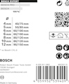 Förpackning för Bosch EXPERT, borrdiametrar 4-12 mm, olika längdalternativ. QR-kod och varningssymboler finns.