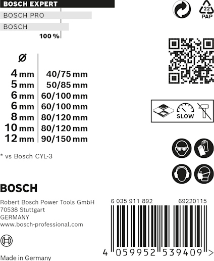 Förpackning för Bosch EXPERT, borrdiametrar 4-12 mm, olika längdalternativ. QR-kod och varningssymboler finns.
