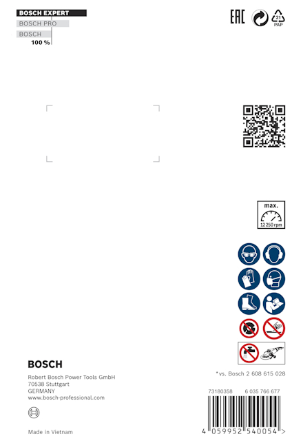 Förpackning med varningssymboler, QR-kod och text, inklusive "BOSCH EXPERT" och tillverkningsinformation från Vietnam.