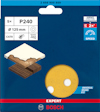 Förpackning med 5 sliprondeller, P240, 125 mm, gul med hål. Bosch Expert, artikelnummer 2 608 900 809.