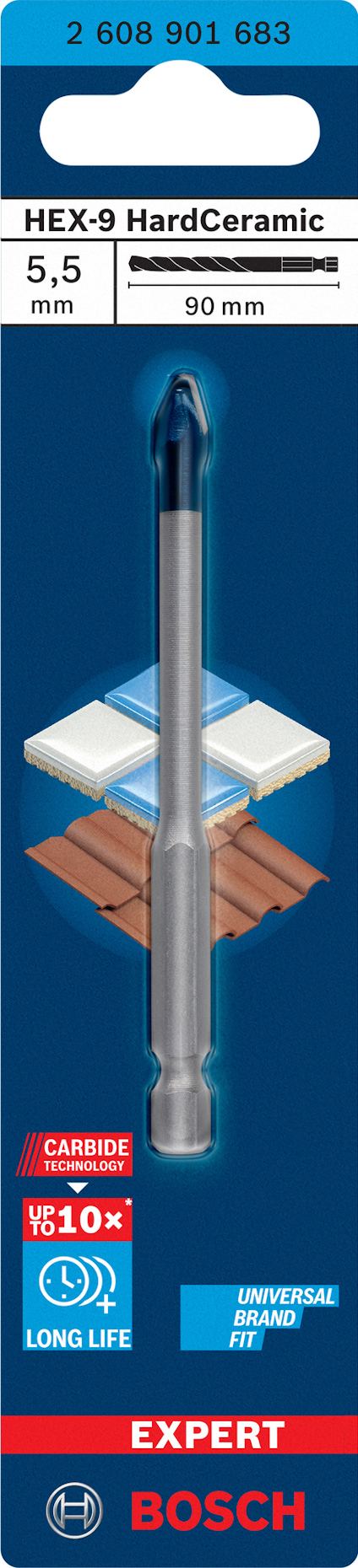 Förpackning för Bosch Expert HEX-9 HardCeramic borr, 5,5 mm x 90 mm, med carbide och universell användningstext.