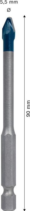 Skruvbits med blå spets och silverfärgad axel, 90 mm lång och 5,5 mm i diameter.