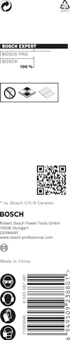 Förpackning för Bosch borr med QR-kod, logotyper och text: "100%", "CYL-9 Ceramic", "Made in China".