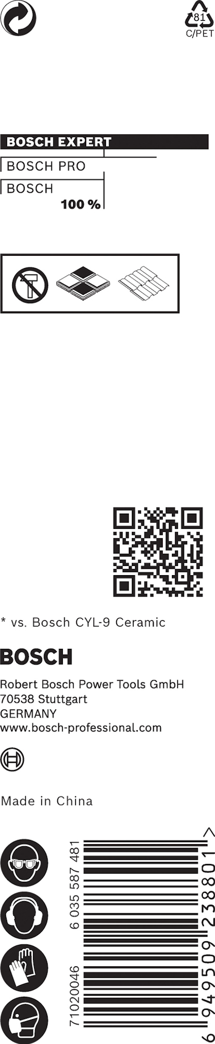 Förpackning för Bosch borr med QR-kod, logotyper och text: "100%", "CYL-9 Ceramic", "Made in China".