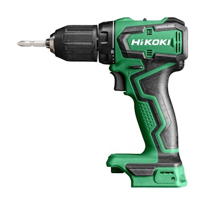 Grön och svart borrskruvdragare med texten "HiKOKI" på sidan och en bit monterad i chucken.