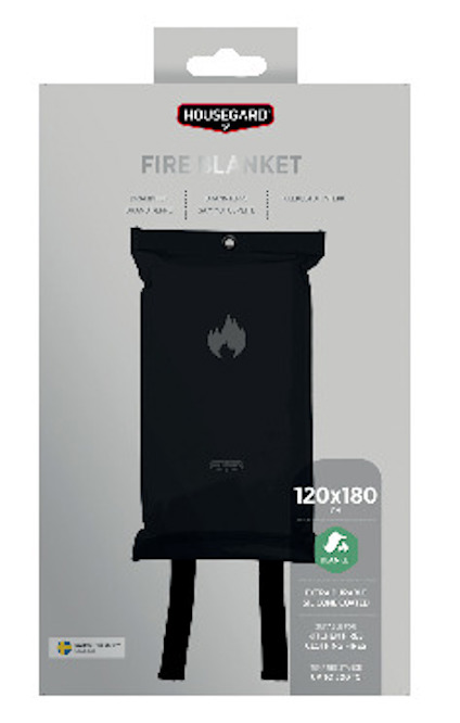 Brandfilt förpackad i vit kartong med texten "FIRE BLANKET 120x180" och Housegard-logo.