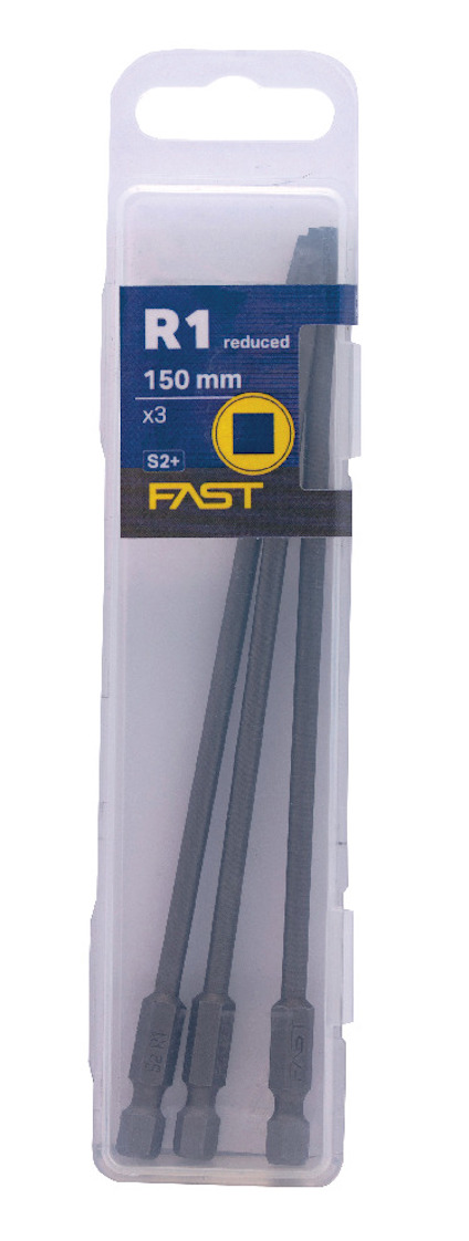 Förpackning med tre svarta buntband, 150 mm, märkt "R1 reduced", "FAST".