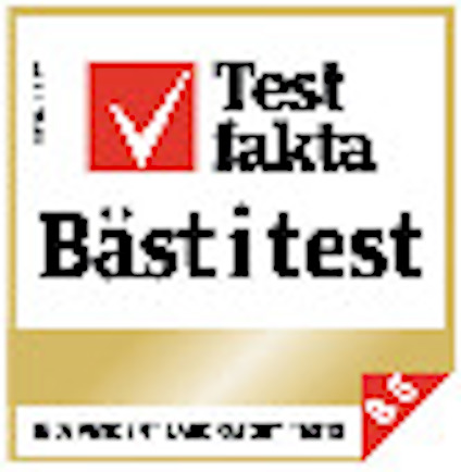 Testfakta Bäst i test-märke med röd bock och texten "Independent Laboratory Tests 8.5". April 2023.