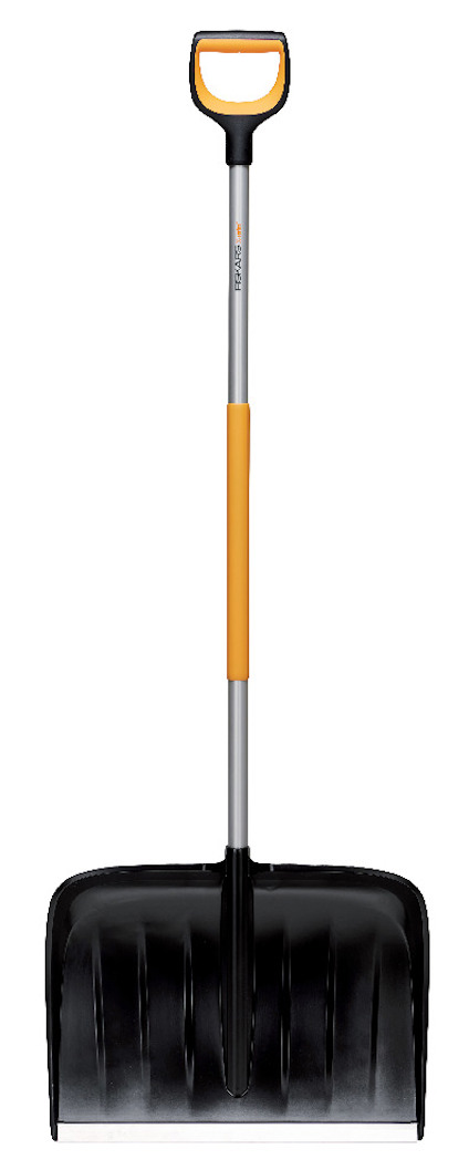 Skyffel med ergonomiskt handtag, svart blad och gult handgrepp.