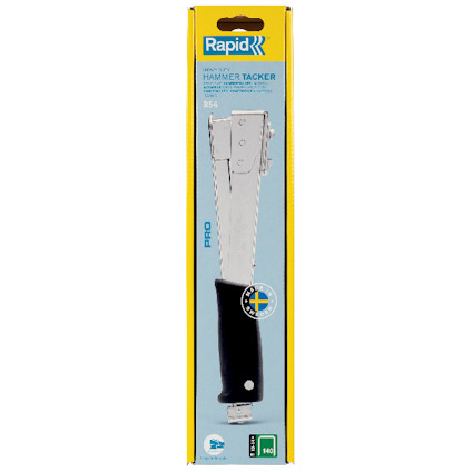 Förpackning för Rapid Pro Hammer Tacker R54 med svart handtag och svensk flagga.