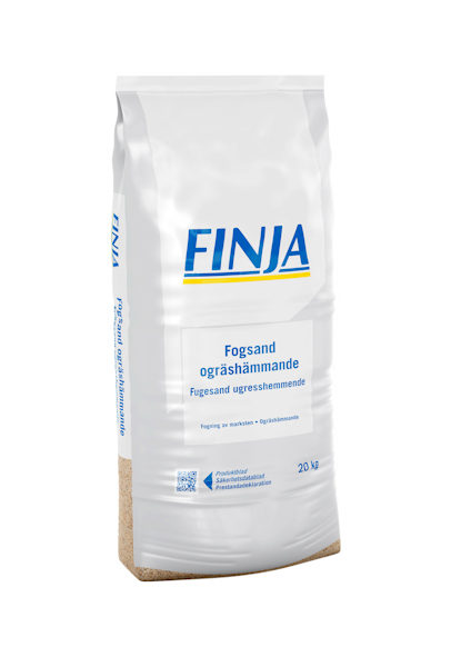 Vit påse med texten "Finja Fogsand ogräshämmande".