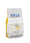 Vit säck med texten "Finja" och "Eldfast bruk/Refractory mortar". Illustration av murade stenar och eld.