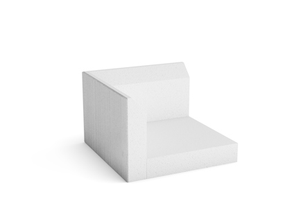Vit, L-format byggmaterial i betong med borstad yta, placerat på en neutral bakgrund.