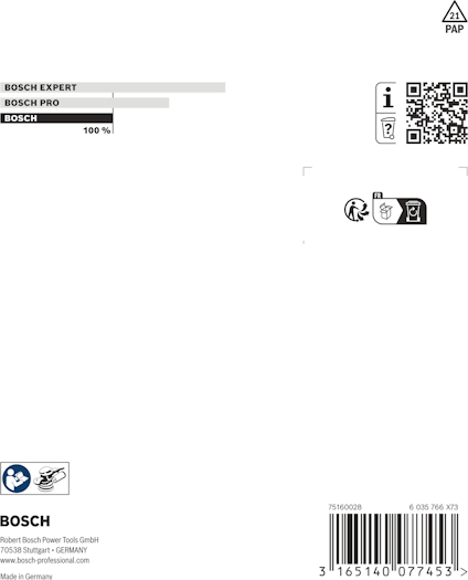 Förpackning med Bosch-logga, QR-kod, återvinningssymboler och streckkod.