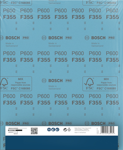 Slippapper med tryck: "P600", "F355", "Made in Switzerland", "BOSCH PRO", och FSC-logotyp.