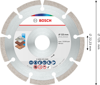Rund sågklinga med Bosch-logga, 125 mm i diameter, max 12500 rpm, 80 m/s, för olika material.